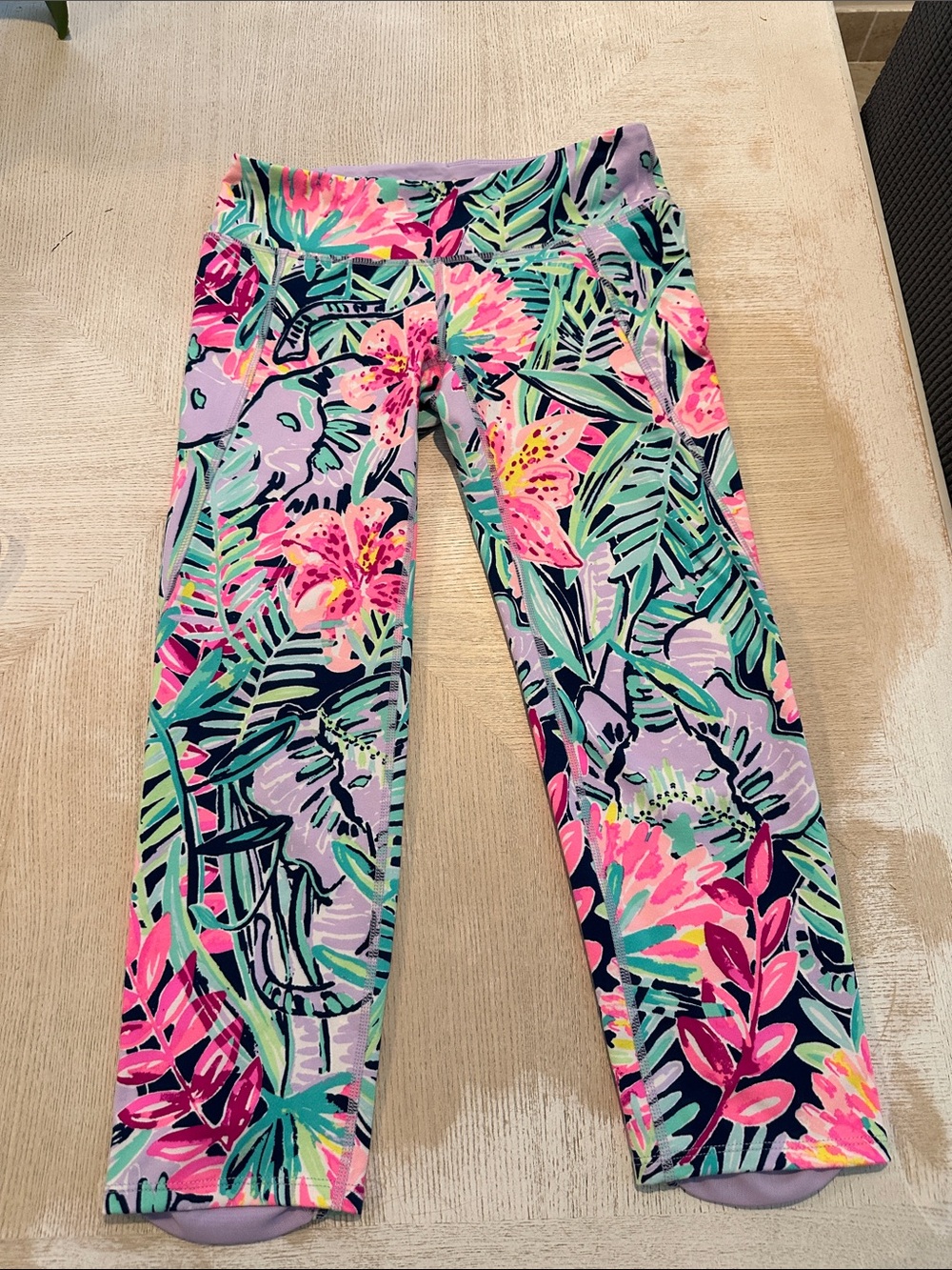 Lilly Pulitzer LUXLETIC Lavender Tropical Floral Capris with Pink & Green Print